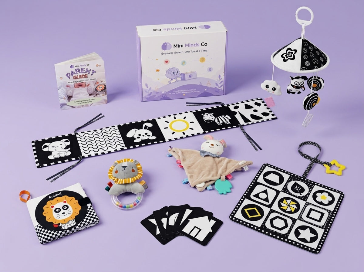The New Beginnings bundle laid out: Parent Guide, Mini Minds Co box and seven newborn toys on a lilac background